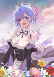 Rule 34 | 1girl, :d, absurdres, bare shoulders, black dress, black ribbon, blue eyes, blue hair, blush, breasts, cleavage, commentary request, detached sleeves, dress, flower, frills, hair ornament, hair over one eye, hair ribbon, haitu, highres, juliet sleeves, large breasts, long sleeves, looking at viewer, maid, maid headdress, medium breasts, open mouth, outdoors, own hands together, petals, pink ribbon, puffy sleeves, re:zero kara hajimeru isekai seikatsu, rem (re:zero), resolution mismatch, revision, ribbon, roswaal mansion maid uniform, short hair, sky, smile, solo, source smaller, white flower, x hair ornament, yellow flower