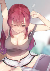 Rule 34 | 1girl, absurdres, armpits, arms up, bare arms, barefoot, blush, breasts, cleavage, closed mouth, commentary request, dolphin shorts, grey tank top, hair between eyes, highres, hololive, houshou marine, houshou marine (summer), koubou (cowbow kun), large breasts, long hair, looking away, midriff, one eye closed, red eyes, red hair, short shorts, shorts, sitting, solo, strap slip, stretching, stylus, tablet pc, tank top, virtual youtuber, white shorts