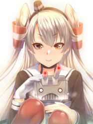 Rule 34 | 10s, 1girl, amatsukaze (kancolle), bad id, bad nicoseiga id, brown eyes, face, gloves, gradient background, hair tubes, highres, kantai collection, long hair, looking at viewer, red thighhighs, rensouhou-kun, sailor collar, silver hair, single glove, smile, solo, thighhighs, two side up, white gloves, zucchini