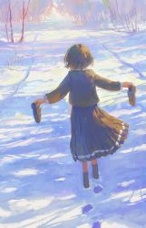 Rule 34 | 1girl, brown hair, child, day, fjsmu, footprints, from behind, highres, holding, holding shoes, loafers, long sleeves, original, outdoors, outstretched arms, scenery, shirt, shoes, short hair, skirt, snow, socks, solo, spread arms, tree, winter