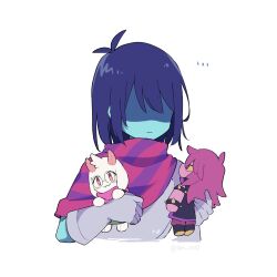 ... 1other absurdres antenna_hair armored_gloves blue_hair blue_skin bob_cut character_doll chest_armor closed_mouth colored_skin commentary cropped_torso dark_blue_hair deltarune doll english_commentary hands_up highres holding holding_doll kris_(deltarune) pink_scarf purple_scarf ralsei scarf shaded_face short_hair simple_background skn_1027 solo striped_clothes striped_scarf susie_(deltarune) twitter_username two-tone_scarf white_background