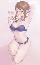 Rule 34 | 1girl, arm up, armpits, artist name, bare shoulders, barefoot, bikini, blue bikini, boku no hero academia, breasts, brown eyes, brown hair, cleavage, collarbone, commentary request, eyebrows, female focus, full body, gradient background, grey background, hair ribbon, hand in own hair, highres, light, lips, looking at viewer, medium breasts, medium hair, mizuki mau, mouth hold, navel, ribbon, ribbon in mouth, sidelocks, simple background, sitting, solo, stomach, swimsuit, thighs, twitter username, uraraka ochako, white background