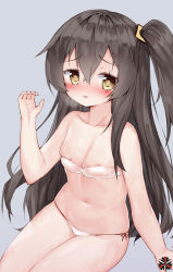 Rule 34 | 1girl, absurdres, arm support, bare arms, bare shoulders, bikini, blush, breasts, brown eyes, brown hair, cleavage, collarbone, girls&#039; frontline, grey background, hair between eyes, hand up, heavy breathing, highres, long hair, looking at viewer, micro bikini, nose blush, one side up, parted lips, side-tie bikini bottom, simple background, sitting, small breasts, solo, swimsuit, tandohark, ump45 (girls&#039; frontline), very long hair, white bikini