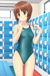 Rule 34 | 1girl, absurdres, aqua one-piece swimsuit, asics, bench, blurry, breasts, brown eyes, brown hair, competition swimsuit, cowboy shot, depth of field, girls und panzer, gluteal fold, highres, indoors, locker, locker room, logo, looking to the side, nishizumi miho, one-piece swimsuit, parted lips, short hair, small breasts, solo, standing, swimsuit, takafumi