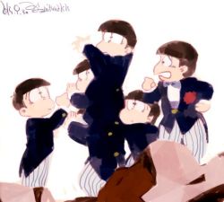 Rule 34 | 6+boys, alternate costume, artist name, bad id, bad twitter id, black hair, bow, bowl cut, bowtie, carrying, child, dated, hand on own hip, human tower, male focus, matching outfits, matsuno choromatsu, matsuno ichimatsu, matsuno jyushimatsu, matsuno karamatsu, matsuno osomatsu, matsuno todomatsu, mituna (mituna2525), multiple boys, osomatsu-kun, osomatsu (series), retro artstyle, sextuplets, shoulder carry, signature, simple background, stacking, tuxedo, white background