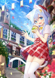 Rule 34 | 1girl, :d, animal ears, blue eyes, blue hair, blue sky, blurry, blurry foreground, blush, building, cat ears, cat girl, cat tail, cloud, collared shirt, commentary request, cup, day, depth of field, disposable cup, fang, fingernails, flower, hair between eyes, hair ornament, hairclip, hat, head tilt, high-waist skirt, highres, holding, holding cup, house, lens flare, long hair, looking at viewer, open mouth, original, outdoors, petals, plaid, plaid skirt, pleated skirt, red flower, red skirt, shirt, skirt, sky, smile, solo, star (symbol), star in eye, symbol in eye, tail, thighhighs, very long hair, waving, white shirt, white thighhighs, yano mitsuki (nanairo)