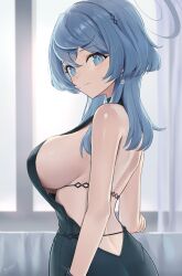 Rule 34 | 1girl, ako (blue archive), ako (dress) (blue archive), ass, backless dress, backless outfit, blue archive, blue eyes, blue hair, blue halo, blush, breasts, closed mouth, dress, green dress, hair between eyes, halo, highres, large breasts, long hair, looking at viewer, may9, official alternate costume, sideboob, sleeveless, sleeveless dress, solo