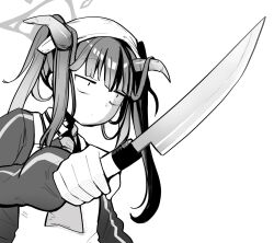 Rule 34 | 1girl, apron, blue archive, closed mouth, from below, fuuka (blue archive), greyscale, halo, hand up, head scarf, highres, holding, holding knife, horns, jitome, kitchen knife, knife, long hair, long sleeves, monochrome, simple background, solo, tsukiji uogashi sandaime, urode, white background