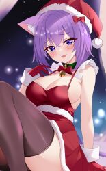 Rule 34 | 1girl, absurdres, animal ears, breasts, cat ears, christmas, cleavage, fawny, gloves, hat, highres, hololive, large breasts, looking at viewer, medium breasts, medium hair, nekomata okayu, open mouth, purple eyes, purple hair, red gloves, red hat, santa costume, santa hat, smile, solo, virtual youtuber