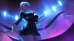 Rule 34 | 1girl, breasts, chain, cleavage, evelynn (league of legends), highres, k/da (league of legends), large breasts, league of legends, lolliedrop, long hair, silver hair, solo, standing, thick thighs, thighs, very long hair