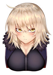 Rule 34 | 1girl, absurdres, ahoge, blonde hair, breasts, cleavage, closed mouth, fate/grand order, fate (series), frown, fur collar, hair between eyes, highres, imuzi, jeanne d&#039;arc (fate), jeanne d&#039;arc alter (fate), jeanne d&#039;arc alter (ver. shinjuku 1999) (fate), large breasts, official alternate costume, short hair, simple background, solo, upper body, white background, wicked dragon witch ver. shinjuku 1999, yellow eyes