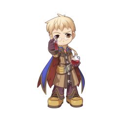 Rule 34 | 1boy, alchemist (ragnarok online), blonde hair, blue cape, boots, brown coat, brown eyes, brown footwear, brown gloves, brown pants, cape, chibi, closed mouth, coat, expressionless, flask, full body, glasses, gloves, holding, holding flask, long sleeves, looking at viewer, male focus, official art, pants, pince-nez, potion, ragnarok online, raised eyebrow, red cape, rimless eyewear, round-bottom flask, round eyewear, short hair, simple background, solo, staff, standing, tachi-e, transparent background, two-sided cape, two-sided fabric, vial, yuichirou