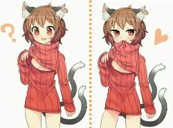 Rule 34 | 1girl, :3, ?, alternate costume, animal ears, blush, brown eyes, brown hair, cat ears, cat tail, chen, cleavage cutout, clothing cutout, dotted line, earrings, fang, heart, ibaraki natou, jewelry, looking at viewer, meme attire, mouth hold, multiple tails, naughty face, nekomata, open-chest sweater, open mouth, red eyes, ribbed sweater, short hair, simple background, single earring, smile, solo, sweater, tail, touhou, turtleneck, white background