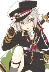 Rule 34 | 1boy, armor, cape, green eyes, hair flaps, hat, hotarumaru, japanese armor, japanese clothes, looking at viewer, male focus, military, military uniform, namori, open mouth, shorts, shoulder armor, silver hair, simple background, solo, touken ranbu, uniform, weapon