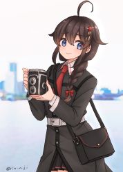 Rule 34 | 1girl, ahoge, bag, black dress, blue eyes, braid, camera, commentary request, cowboy shot, dress, hair flaps, hair ornament, hair over shoulder, highres, kantai collection, necktie, official alternate costume, red necktie, rin (rin niji), shigure (kancolle), shigure kai ni (kancolle), shoulder bag, single braid, solo, twitter username
