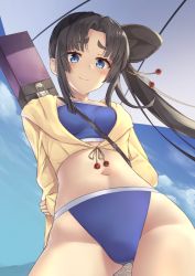 Rule 34 | 1girl, arms behind back, bad id, bad pixiv id, bag, bare hips, beach umbrella, between breasts, bikini, bikini under clothes, black hair, blue bikini, blue eyes, blue sky, blush, breasts, closed mouth, contrapposto, day, fate/grand order, fate (series), from below, gluteal fold, hair ornament, long hair, long sleeves, looking at viewer, looking down, medium breasts, navel, open clothes, outdoors, parted bangs, pinta (ayashii bochi), side ponytail, sidelocks, sky, sleeves past wrists, smile, solo, stomach, strap between breasts, swimsuit, thick eyebrows, umbrella, ushiwakamaru (fate), ushiwakamaru (fate/grand order), ushiwakamaru (swimsuit assassin) (fate), ushiwakamaru (swimsuit assassin) (first ascension) (fate)
