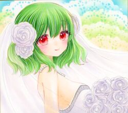 Rule 34 | 1girl, alternate costume, bare shoulders, bouquet, bridal veil, bride, commentary request, dress, flower, from side, green hair, hair between eyes, hair flower, hair ornament, highres, holding, holding bouquet, jewelry, kazami yuuka, light smile, looking at viewer, medium hair, necklace, off-shoulder dress, off shoulder, pearl necklace, red eyes, rose, see-through, solo, touhou, upper body, veil, wedding dress, white flower, white rose, yuuki hana (jtnp5334)