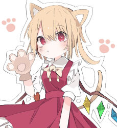Rule 34 | 1girl, animal ears, animal hands, blonde hair, cat ears, cat girl, cat tail, cowboy shot, crystal, dress, flandre scarlet, gloves, medium hair, nacht musik, paw gloves, paw print, red dress, red eyes, simple background, solo, tail, touhou, white background