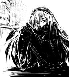 Rule 34 | 00s, 1girl, babel, babel99, dress, greyscale, hairband, hugging own legs, knees to chest, light rays, lolita hairband, looking at viewer, monochrome, rozen maiden, simple background, solo, suigintou, white background, window