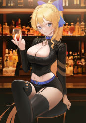 Rule 34 | 1girl, absurdres, alcohol, arm behind back, bad id, bad twitter id, belt, belt collar, black shorts, black sleeves, black thighhighs, blonde hair, blue belt, blue bow, blue eyes, blurry, blurry background, bow, breasts, center opening, cleavage, collar, commentary, commission, counter, cowboy shot, crossed legs, garter straps, girl cafe gun, hair between eyes, hair bow, hair ornament, hallo (rltkdydrltk), hand up, highres, holding, indoors, juno emmons, large breasts, liquor, long hair, long sleeves, looking at viewer, navel, parted lips, shorts, sitting, slave, solo, spiked collar, spikes, stool, thigh strap, thighhighs, thighs, very long hair, wavy hair