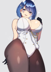 Rule 34 | 1girl, absurdres, animal ears, azur lane, bare shoulders, blue eyes, blue hair, blush, breasts, brown pantyhose, chapayev (azur lane), cleavage, fake animal ears, grey background, hair ornament, hairclip, heart, highres, large breasts, leotard, looking at viewer, mole, mole on breast, open mouth, pantyhose, playboy bunny, rabbit ears, shirasu uni, short hair, simple background, smile, solo, swept bangs, thighs