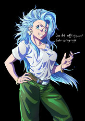 Rule 34 | 1girl, absurdres, belt, black background, blue eyes, blue hair, bracelet, breasts, bulma, cigarette, collaboration, dragon ball, dragonball z, earrings, green pants, grin, highres, holding, holding cigarette, jewelry, large breasts, long hair, messy hair, pants, shirt, shumai (sm318), simple background, smile, solo, twitter username, very long hair, white shirt
