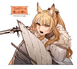 Rule 34 | 1girl, animal ear fluff, animal ears, arknights, armor, black bow, blemishine (arknights), blonde hair, bow, breastplate, extra ears, fur-trimmed armor, fur trim, hair bow, high ponytail, holding, holding shield, holding sword, holding weapon, horse ears, horse girl, long hair, open mouth, orange eyes, oxy (ho2), plate armor, shield, simple background, solo, sword, translation request, upper body, weapon, white background