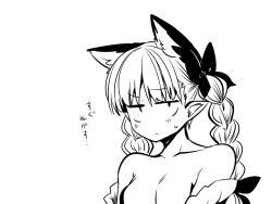 Rule 34 | 1girl, animal ear fluff, animal ears, bare shoulders, blush, braid, breasts, cat ears, expressionless, extra ears, greyscale, hair ribbon, jitome, kaenbyou rin, long hair, looking at viewer, medium breasts, mizuga, monochrome, negative space, off shoulder, pointy ears, ribbon, simple background, solo, sweat, touhou, translation request, tress ribbon, twin braids, white background