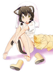 Rule 34 | 1girl, :o, animal ears, barefoot, boots, cat ears, cat girl, cat tail, feet, female focus, full body, gradient background, mattaku mousuke, no pants, original, panties, rubber boots, shirt, simple background, soles, solo, tail, toes, towel, towel on head, underwear, wet, white background