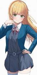 Rule 34 | 1girl, absurdres, aftamc, arm up, blonde hair, blue jacket, blunt bangs, blush, cowboy shot, cropped jacket, dress, green eyes, grey skirt, hairband, hand on own hip, hand up, heanna sumire, highres, jacket, long hair, looking at viewer, love live!, love live! superstar!!, neck ribbon, pinafore dress, red ribbon, ribbon, school uniform, simple background, skirt, sleeveless dress, smile, solo, thighhighs, white background, white thighhighs, yuigaoka school uniform, zettai ryouiki