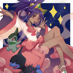 Rule 34 | 1girl, arched soles, axew, bow, breasts, brown eyes, child, cleavage, collarbone, creatures (company), dark-skinned female, dark skin, deino (pokemon), diadem, dress, dress bow, eyelashes, feet, feet out of frame, female focus, fingernails, flat chest, formal, game freak, gen 5 pokemon, happy, highres, invisible chair, iris (pokemon), jewelry, knees up, legs, long hair, long sleeves, longyu, looking at viewer, looking to the side, neck, nintendo, no bra, official alternate costume, open mouth, outstretched arm, outstretched arms, pink dress, pokemon, pokemon (creature), pokemon bw2, purple hair, sandals, shiny skin, sidelocks, sitting, size difference, spread arms, star (symbol), starry background, thighs, tiara, toes, two-tone dress, very long hair, white footwear, wide dress, wide sleeves