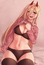 Rule 34 | 1girl, black bra, black panties, black thighhighs, blonde hair, bra, breasts, chainsaw man, cleavage, clothes lift, commentary, english commentary, hair between eyes, highres, horns, huge breasts, iwbitu, large breasts, long hair, long sleeves, navel, open mouth, panties, pink background, power (chainsaw man), sharp teeth, shirt lift, sitting, solo, stomach, teeth, thighhighs, thighs, underwear, yellow eyes
