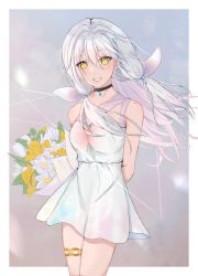 Rule 34 | 1girl, absurdres, blush, bouquet, breasts, commentary, dress, english commentary, floating hair, flower, grey hair, head tilt, highres, holding, holding bouquet, long hair, looking at viewer, medium breasts, qualia qu, re:act, sleeveless, sleeveless dress, smile, solo, sowon (sowonhae), thigh strap, virtual youtuber, white dress, yellow eyes