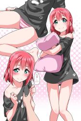 Rule 34 | 10s, 1girl, alternate hairstyle, bare legs, bare shoulders, barefoot, black shirt, blush, braid, breasts, cameltoe, collarbone, embarrassed, grabbing, grabbing another&#039;s breast, green eyes, groping, halftone, highres, hugging object, kanji, kurosawa ruby, looking at viewer, love live!, love live! sunshine!!, medium hair, multiple views, no pants, off-shoulder shirt, off shoulder, panties, pantyshot, paw print, pillow, pillow hug, pink panties, polka dot, polka dot background, red hair, shirt, sitting, small breasts, smile, solo focus, striped clothes, striped panties, translation request, underwear, yopparai oni