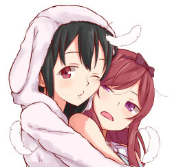 Rule 34 | 10s, 2girls, aged down, animal hood, bad id, bad pixiv id, blush, bow, cheek-to-cheek, d:, feathers, haine, hair bow, heads together, hood, hug, hug from behind, long hair, looking at viewer, love live!, love live! school idol project, multiple girls, nishikino maki, one eye closed, open mouth, simple background, teeth, time paradox, tongue, upper body, white background, wink, yazawa nico