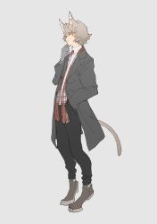 Rule 34 | 1boy, animal ear fluff, animal ears, animal feet, animal hands, black pants, brown footwear, brown hair, closed mouth, coat, grey background, grey coat, hand in pocket, highres, kemono fabric, light brown hair, male focus, mogumo, open clothes, open coat, original, pants, plaid, plaid scarf, red scarf, scarf, simple background, solo, tail, thinking, turtleneck, yellow eyes