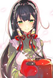 Rule 34 | 10s, 1girl, adapted costume, apron, bad id, bad pixiv id, black hair, green eyes, hair ornament, hair tubes, japanese clothes, kantai collection, long hair, looking at viewer, low-tied long hair, mizuho (kancolle), sidelocks, smile, solo, upper body, very long hair, yakusuke