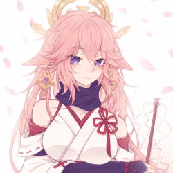 Rule 34 | 1girl, animal ears, bare shoulders, cherry blossoms, closed mouth, company connection, cosplay, crossover, earrings, fox ears, genshin impact, hair ornament, highres, honkai (series), honkai impact 3rd, japanese clothes, jewelry, long hair, looking at viewer, mihoyo, miko, petals, pink hair, purple eyes, sakura ayane, smile, solo, verta ao, voice actor connection, white background, white sleeves, yae miko, yae sakura, yae sakura (gyakushinn miko), yae sakura (gyakushinn miko) (cosplay)