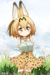 Rule 34 | 10s, 1girl, animal ears, arms behind back, artist name, bare shoulders, blonde hair, bow, bowtie, cloud, cloudy sky, dated, day, elbow gloves, extra ears, gloves, hair between eyes, high-waist skirt, highres, kem kem, kemono friends, looking at viewer, outdoors, print bow, print bowtie, print neckwear, print skirt, print thighhighs, serval (kemono friends), signature, skirt, sky, sleeveless, smile, solo, thighhighs, tree, yellow eyes, zettai ryouiki
