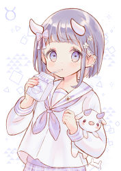 Rule 34 | 1girl, artist name, blunt bangs, blush, bow, child, clothing request, drink, drinking straw, drinking straw in mouth, flower, fruitsrabbit, hair bow, hair flower, hair ornament, highres, holding, holding drink, holding stuffed toy, horns, long sleeves, looking at viewer, medium hair, milk, milk carton, original, plaid, plaid bow, plaid skirt, purple bow, purple eyes, purple hair, purple horns, purple skirt, sailor collar, school uniform, serafuku, sidelocks, skirt, solo, sparkle, square, striped, striped bow, striped sleeves, stuffed animal, stuffed goat, stuffed toy, triangle, white background, white flower, white horns, white serafuku