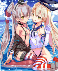 Rule 34 | 10s, 2girls, amatsukaze (kancolle), black panties, blonde hair, brown eyes, garter straps, hairband, highres, kantai collection, long hair, multiple girls, panties, panty lift, panty pull, shimakaze (kancolle), silver hair, st on, striped clothes, striped thighhighs, thighhighs, tongue, underwear, wedgie