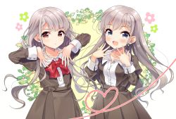 Rule 34 | 2girls, :d, bad id, bad pixiv id, blouse, blue eyes, blush, bow, braid, braided bangs, breasts, brown eyes, brown jacket, brown skirt, chestnut mouth, collarbone, collared shirt, commentary request, dress shirt, earrings, fingernails, floral background, french braid, grey hair, hair over shoulder, hands up, heart, highres, hisakawa hayate, hisakawa nagi, idolmaster, idolmaster cinderella girls, jacket, jewelry, juliet sleeves, kanda done, long hair, long sleeves, low twintails, multiple girls, open mouth, parted lips, pleated skirt, puffy sleeves, red bow, school uniform, shirt, siblings, sisters, skirt, small breasts, smile, twins, twintails, unbuttoned, unbuttoned shirt, very long hair, white shirt