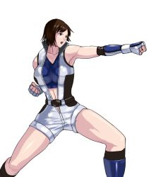Rule 34 | 1girl, 78 (tky8), arm up, armpits, belt, black eyes, black hair, boots, boxing gloves, collarbone, eyebrows hidden by hair, fingerless gloves, gloves, kazama asuka, looking ahead, muscular, open clothes, open mouth, punching, short hair, shorts, simple background, solo, sports bra, tekken, vest, white background