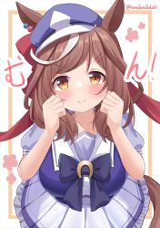 Rule 34 | &gt;:), 1girl, absurdres, animal ears, black bow, blue hat, blush, bow, breasts, brown eyes, brown hair, cabbie hat, clenched hands, closed mouth, collarbone, commentary request, ei ei mun!, frilled skirt, frills, hair ornament, hairclip, hands up, hat, highres, horse ears, horse girl, horse tail, kurashina yuzuki, looking at viewer, matikane tannhauser (umamusume), medium breasts, multicolored hair, pleated skirt, puffy short sleeves, puffy sleeves, purple shirt, school uniform, shirt, short sleeves, skirt, smile, solo, streaked hair, tail, tracen school uniform, twitter username, umamusume, v-shaped eyebrows, white background, white hair, white skirt