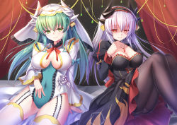 Rule 34 | 2girls, arm at side, black background, black dress, black legwear, blush, breasts, cameltoe, center frills, cleavage, cleavage cutout, closed mouth, clothing cutout, covered navel, dress, dual persona, fate/grand order, fate (series), feet out of frame, frilled dress, frilled hairband, frills, garter straps, gem, glint, green eyes, green hair, hair between eyes, hairband, heart, horns, iro ame (amewaagada), jewelry, kiyohime (fate), kiyohime (third ascension) (fate), knees up, large breasts, leotard, light particles, lolita hairband, long hair, long sleeves, looking at viewer, multiple girls, neck ribbon, necklace, on bed, panties, panties under pantyhose, pantyhose, pantyshot, pendant, red eyes, red ribbon, ribbon, shaded face, shiny skin, sidelocks, silver hair, simple background, sitting, smile, straight hair, thighhighs, underwear, upskirt, veil, very long hair, white legwear, white leotard