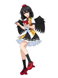 Rule 34 | 1girl, absurdres, belt, bird wings, black belt, black hair, black skirt, black socks, black wings, breasts, collared shirt, commentary request, feathered wings, frilled skirt, frills, full body, geta, hat, highres, holding, holding notebook, kneehighs, leaf print, medium hair, neck ribbon, nib pen (object), notebook, parted lips, pen, pointy ears, puffy short sleeves, puffy sleeves, red eyes, red footwear, red hat, ribbon, ribbon-trimmed skirt, ribbon trim, shameimaru aya, shirt, short sleeves, simple background, skirt, small breasts, socks, solo, tatsu toyoyo, tengu-geta, tokin hat, touhou, white background, white shirt, wings