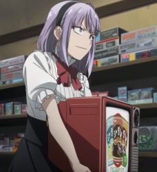 Rule 34 | 10s, 1girl, blue eyes, carrying, dagashi kashi, highres, shidare hotaru, short hair, smile, solo, standing, stitched, television, third-party edit