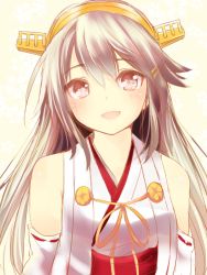 Rule 34 | 10s, 1girl, bad id, bad twitter id, bare shoulders, brown hair, detached sleeves, flower, hair ornament, hairclip, haruna (kancolle), headband, japanese clothes, kantai collection, long hair, looking at viewer, nanashin naomi, nontraditional miko, open mouth, red eyes, smile, solo
