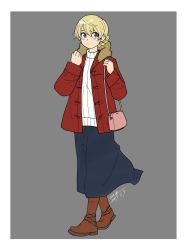 Rule 34 | 1girl, artist name, bag, blonde hair, blue eyes, blue skirt, blush stickers, boots, braid, brown coat, brown footwear, carrying, casual, closed mouth, coat, commentary, darjeeling (girls und panzer), dated, frown, full body, fur-trimmed coat, fur trim, girls und panzer, grey background, handbag, highres, long skirt, looking at viewer, open clothes, open coat, ribbed sweater, short hair, signature, simple background, skirt, solo, standing, sweater, turtleneck, walking, white sweater, winter clothes, zono (inokura syuzo029)
