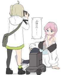 Rule 34 | 2girls, arknights, bag, bare shoulders, blonde hair, blue eyes, blue poison (arknights), blue poison (shoal beat) (arknights), braid, camera, camisole, hairband, holding, holding camera, kumamoto aichi, lens (arknights), long sleeves, looking at another, multiple girls, off shoulder, official alternate costume, pink hair, robot, scene (arknights), shoulder bag, sitting, taking picture, translation request, twin braids, white background, white hairband